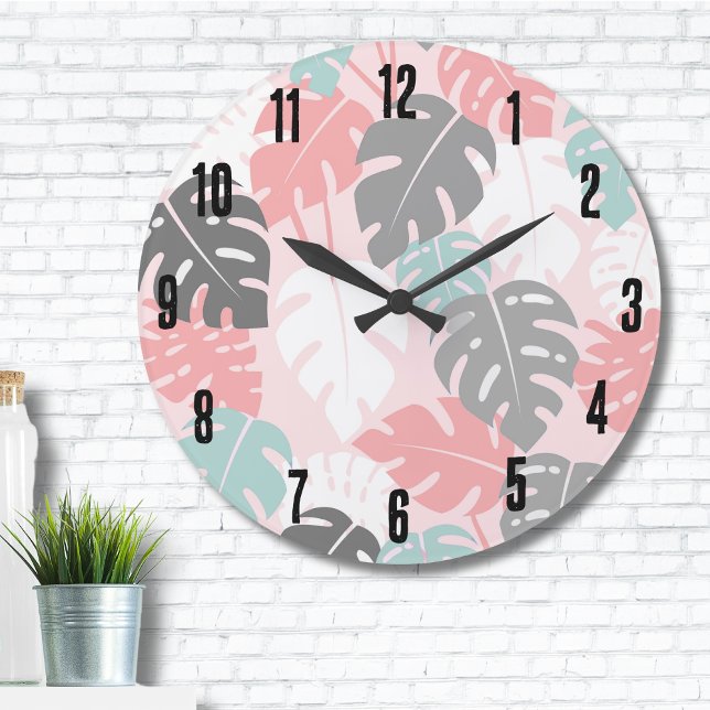 Modernes tropisches Muster Monsteras Große Wanduhr (Trendy Modern Monstera Leaf Tropical Pattern Large Clock )