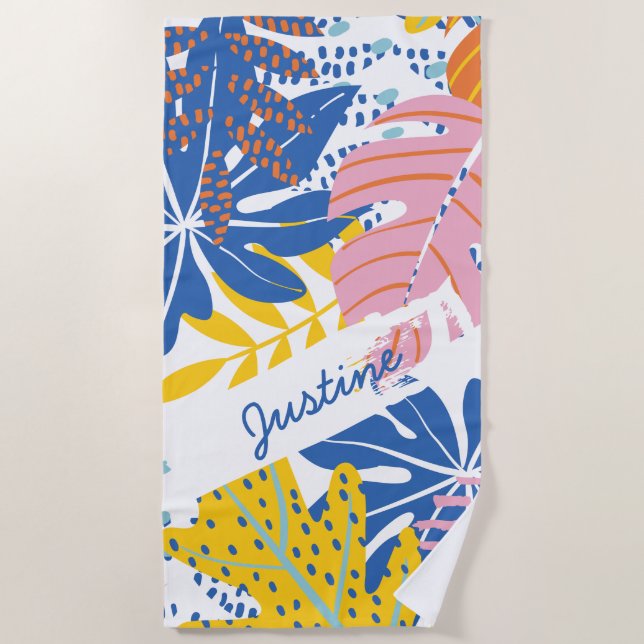 Modernes tropisches Palm rosa Gelb Strandtuch (Vorderseite)