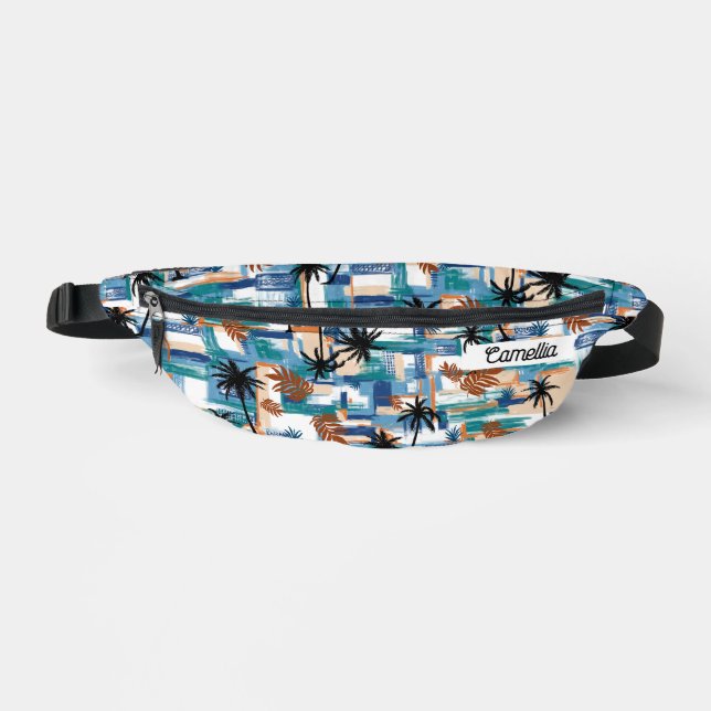 Modernes tropisches Prüfmuster Blaues Monogramm Bauchtasche (Vorderseite)