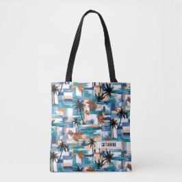 Modernes tropisches Prüfmuster Blaues Monogramm Tasche