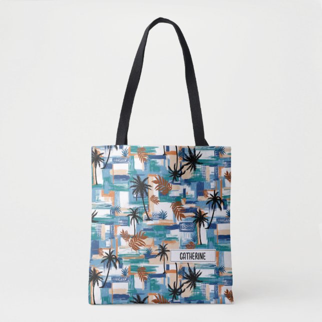 Modernes tropisches Prüfmuster Blaues Monogramm Tasche (Vorderseite)