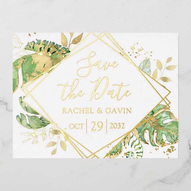 Modernes tropisches Save the Date Folie Einladungspostkarte (Vorderseite)