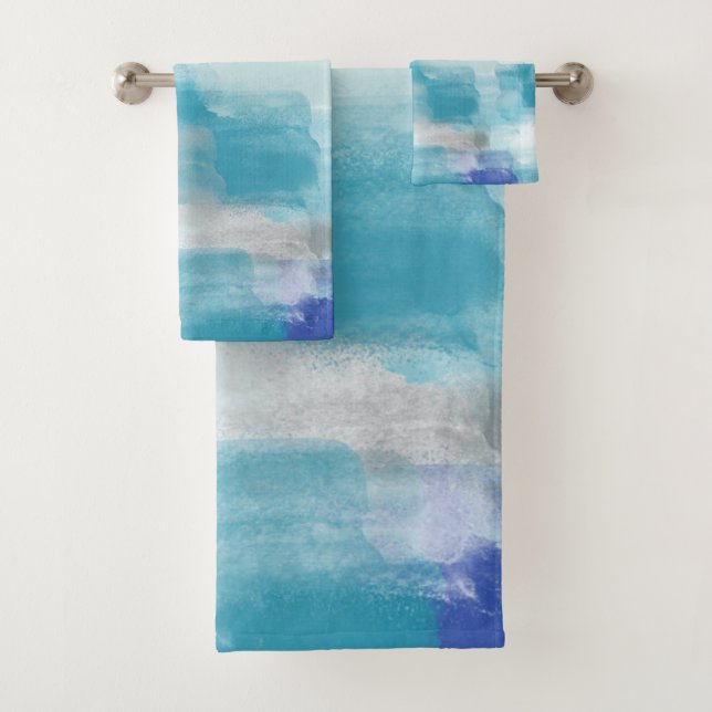 Modernes Türkis & Grau Wasserfarbe Abstrakt Art Badhandtuch Set (Insitu)