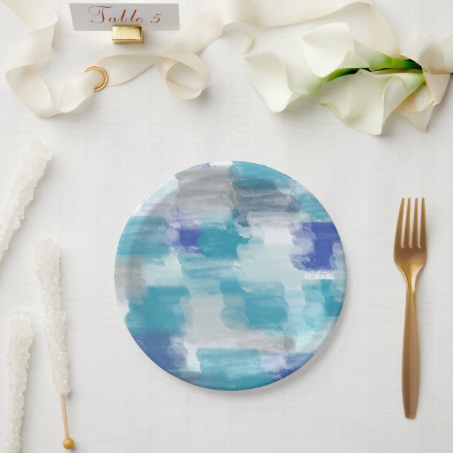 Modernes Türkis & Grau Wasserfarbe Abstrakt Art Pappteller (Hochzeit)