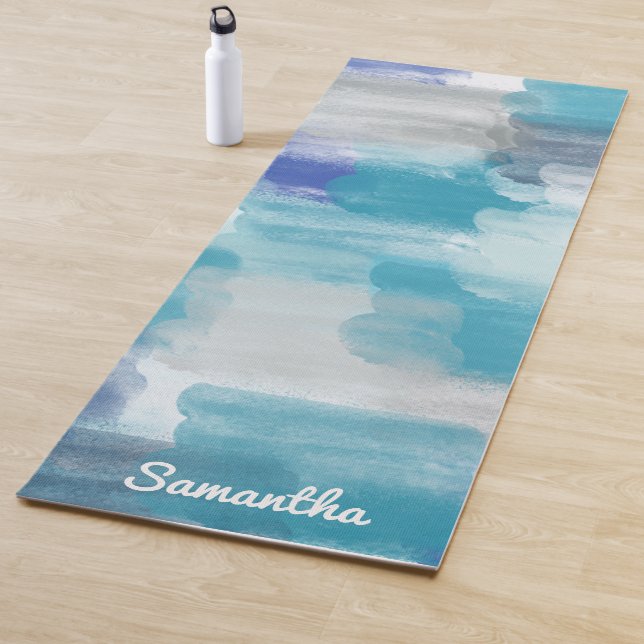 Modernes Türkis & Grau Wasserfarbe Abstrakt Art Yogamatte (Beispiel)