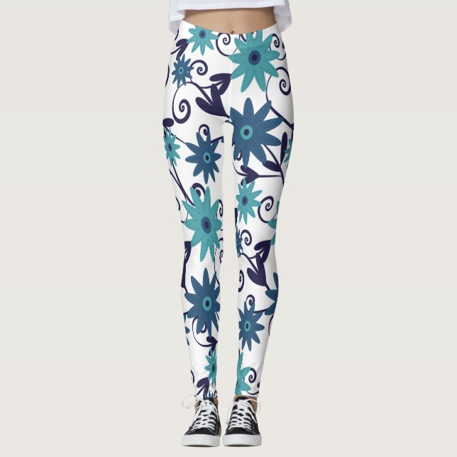 Modernes, türkisfarbenes Blume-Muster Leggings (Vorderseite)