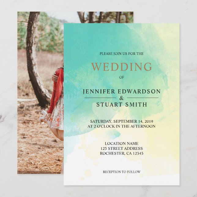 Modernes türkisfarbenes goldfarbenes Foto Hochzeit Einladung (Vorne/Hinten)