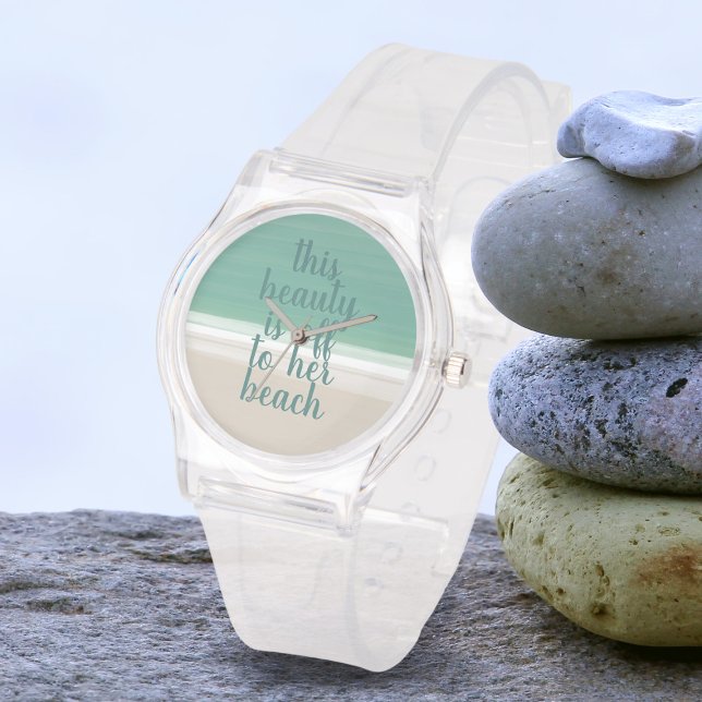 Modernes türkisfarbenes Ocean Beach - individuelle Armbanduhr (Add your own quote or keep the one shown to this tropical ocean beach watch)