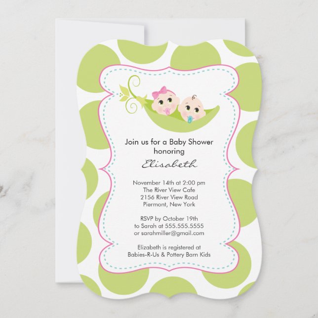 Modernes Twin Boy Girl in Pea Pod Baby Dusche Einladung (Vorderseite)