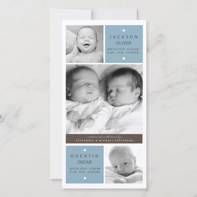 Modernes Twin Boys Foto Baby Birth Ankündigung (Vorderseite)