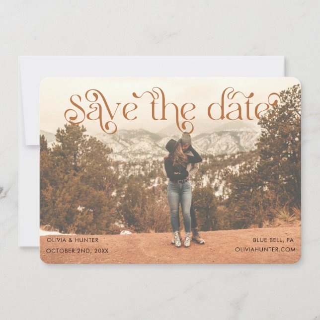 Modernes Typografie-Foto bei Hochzeiten rettet das Save The Date (Vorderseite)