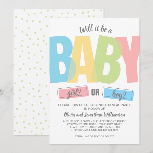 Modernes Typografie Gender Reveal Baby Shower Part Einladung (Vorne/Hinten)