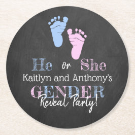Modernes Typografie Gender Reveal Party! Babyparty Runder Pappuntersetzer