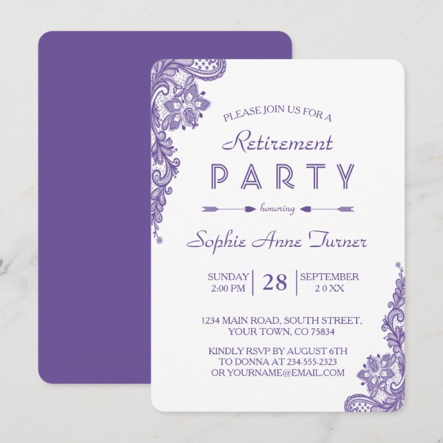 Modernes Ultra-Violet Lace Retirement Party laden  Einladung (Vorne/Hinten)
