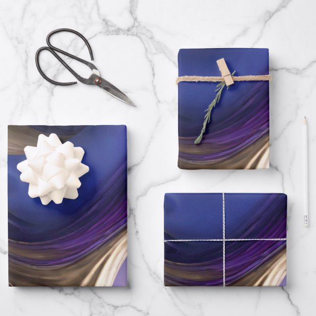 Modernes und elegantes Blau Lila und Gold Geschenkpapier Set (Vorderseite)