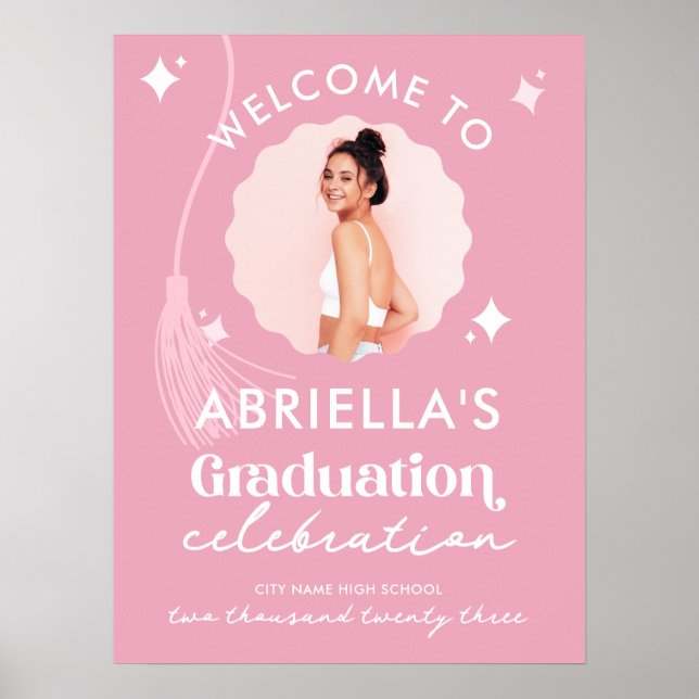 Modernes und Retro-rosa Abschluss Begrüßungspult Poster (Vorne)
