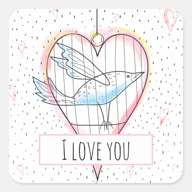 Modernes Valentinisches Liebe Herz und Vogel Quadratischer Aufkleber (Vorderseite)