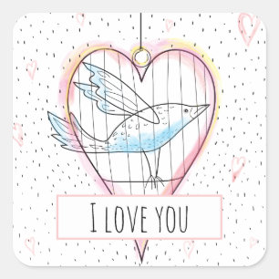 Modernes Valentinisches Liebe Herz und Vogel Quadratischer Aufkleber