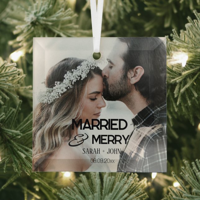 Modernes, Verheiratetes und fröhliches HochzeitsFo Ornament Aus Glas (Insitu)