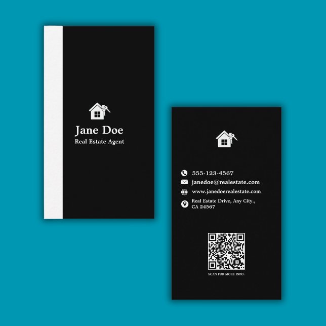 Modernes Vertikales Schwarz-weißes Echtes Anwesen Visitenkarte (Modern Vertical Black White Real Estate Business Card)