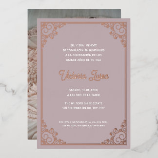 Modernes Verziertes Foto in Rosa Quinceañera Folieneinladung