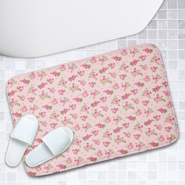 Modernes Vintages Blumenbad Rose Rosa Badematte (Modern Vintage Floral Bathroom Rose Pink Bath Mat)