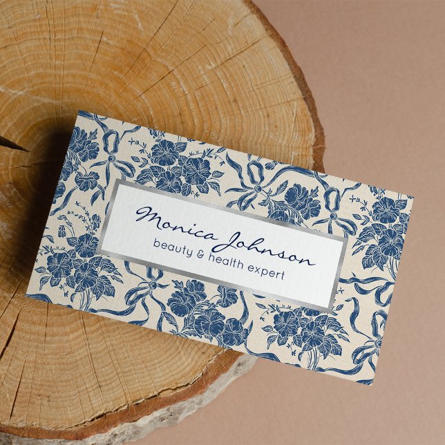 Modernes Vintages Elfenbeinschiff-Blumenmuster Bus Visitenkarte (Modern Vintage Ivory Navy Blue Floral Pattern Business Card)