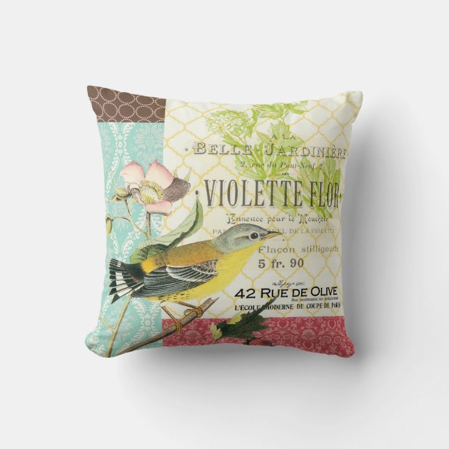 Modernes Vintages französisches Vogelkissen Kissen (Vorderseite)