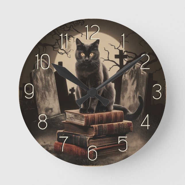 Modernes Vintages Schwarzes Katzen Halloween Runde Wanduhr (Vorderseite)