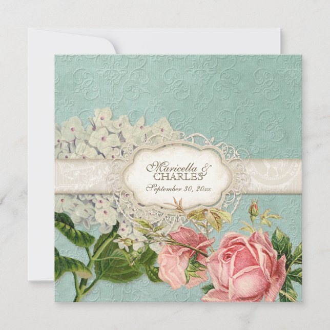 Modernes, Vintages Spitzentea Hydrangea in Rose Einladung (Vorderseite)