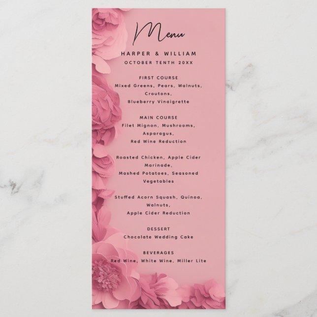 Modernes, von Barbie inspiriertes Hochzeitsmenü mi Menükarte (Vorderseite)