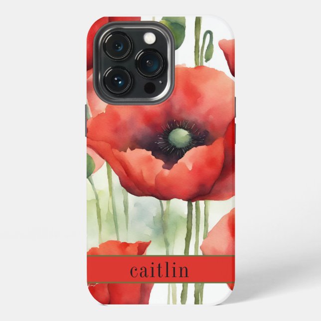 Modernes Wasserfarben-Mohn-Monogramm iPhone 13 Pro Hülle (Hinten)