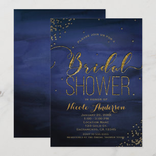 Modernes Watercolor Blue Gold Confetti BRAUTPARTY Einladung