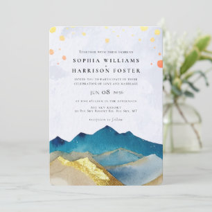 Modernes Watercolor Blue Gold Mountain Wedding Fot Einladung