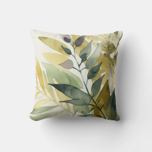 Modernes Watercolor Green Leaf Muster Kissen (Vorderseite)