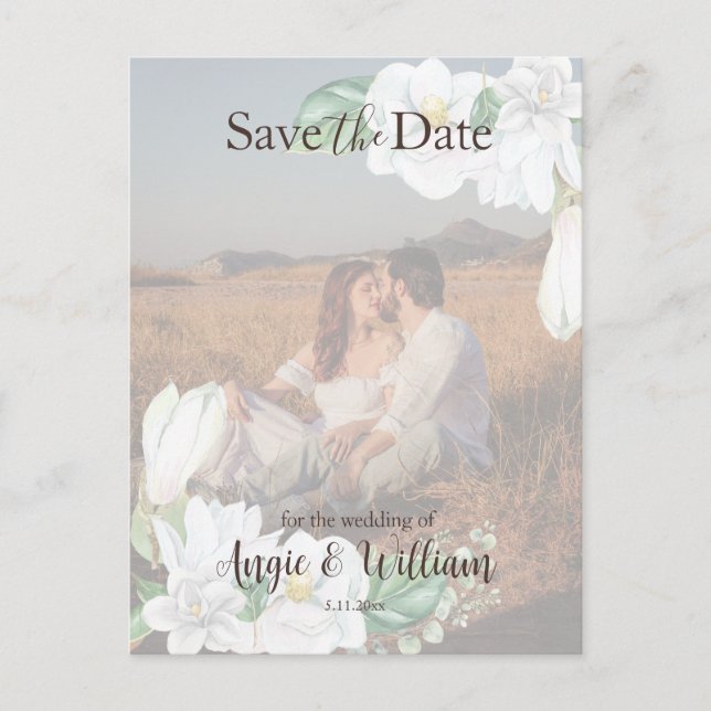 Modernes Watercolor Magnolia Save the Date Foto Postkarte (Vorderseite)