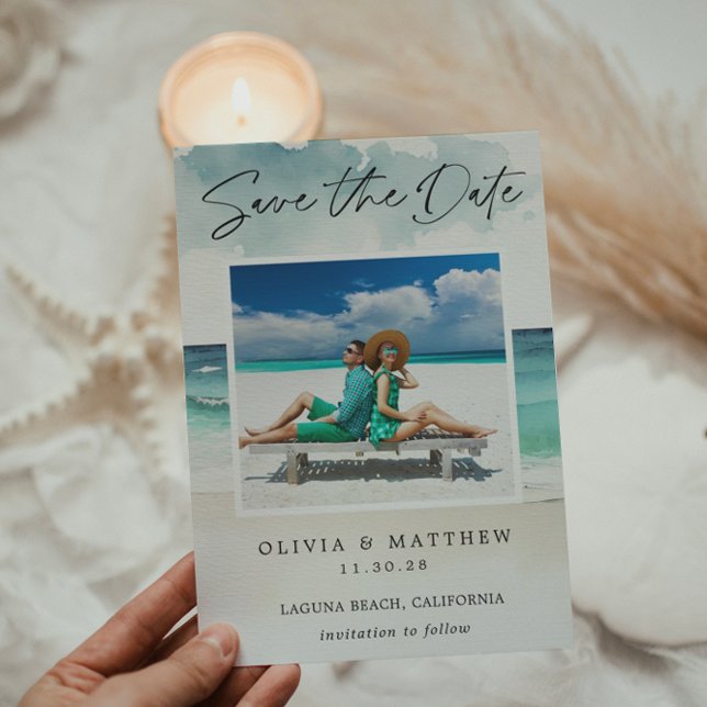 Modernes Watercolor Ocean Beach Foto Save the Date (Von Creator hochgeladen)