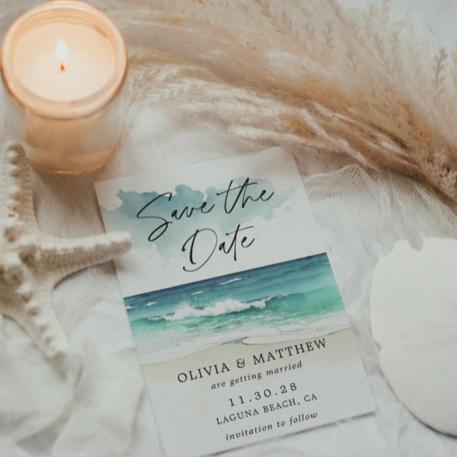Modernes Watercolor Ocean Beach Foto Save the Date Flyer (Von Creator hochgeladen)