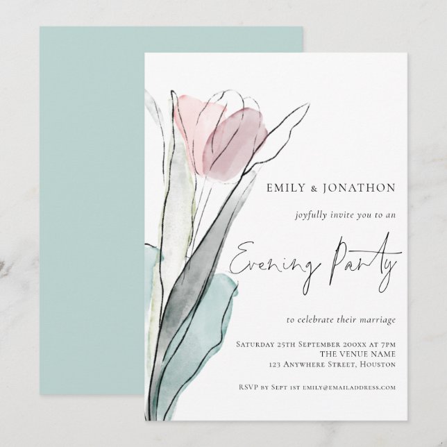 Modernes Watercolor Tulip Wedding Abend Party Einladung (Vorne/Hinten)