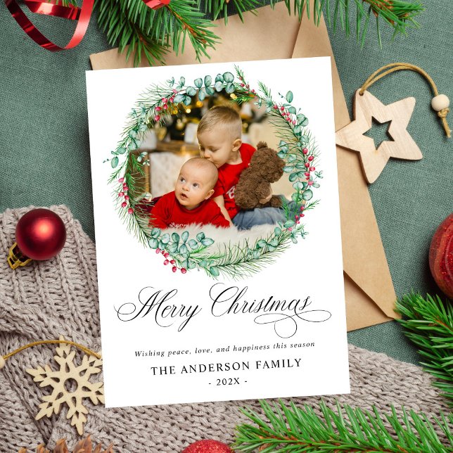 Modernes Watercolor Wreath Bow Foto Weihnachten (Von Creator hochgeladen)