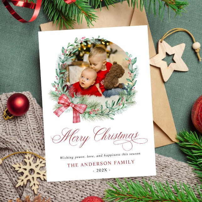 Modernes Watercolor Wreath Bow Foto Weihnachten (Von Creator hochgeladen)