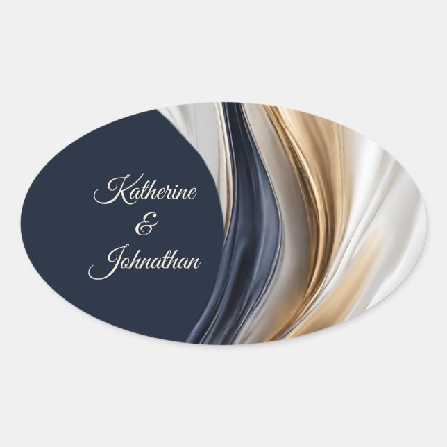 Modernes Wedding Blue White und Gold Ovaler Aufkleber (Vorderseite)