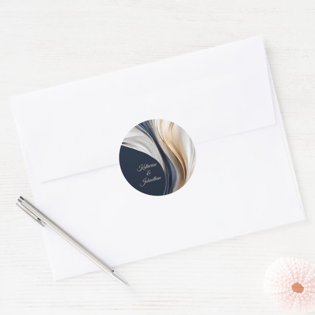 Modernes Wedding Blue White und Gold Runder Aufkleber (Umschlag)