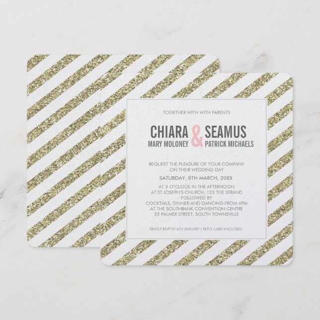 MODERNES WEDING INVITATION Glitzer Streifen Weichg Einladung (Vorne/Hinten)