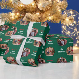 Modernes Weihnachts-Custom-Family-Foto Grün Geschenkpapier