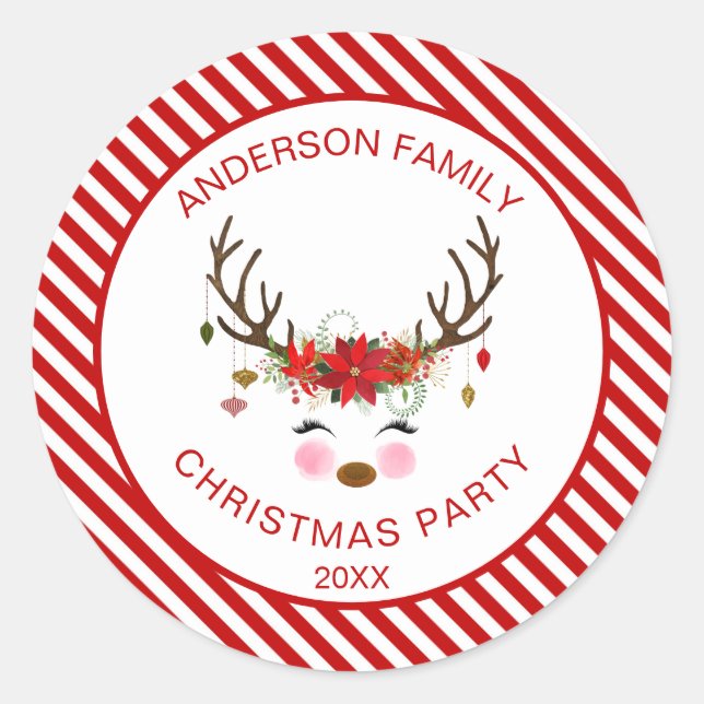 Modernes Weihnachts-Party Personalisiert Rentier S Runder Aufkleber (Vorderseite)