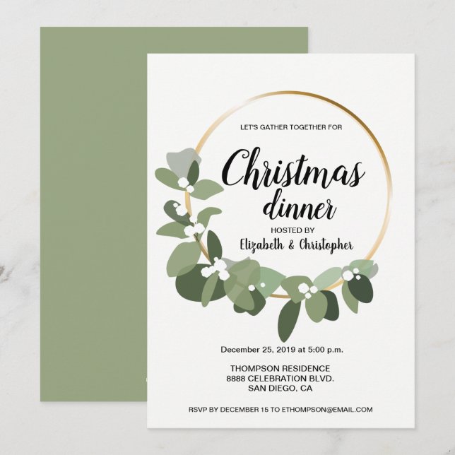 Modernes Weihnachtsabend Party Wreath Green Einladung (Vorne/Hinten)