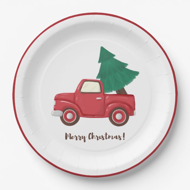 Modernes Weihnachtsauto mit Weihnachtsbaum Cla Pappteller (Vorderseite)