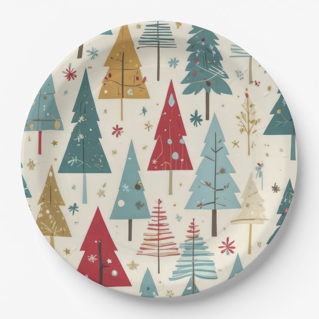 Modernes Weihnachtsbaum Green Blue Red Gold Muster Pappteller (Vorderseite)