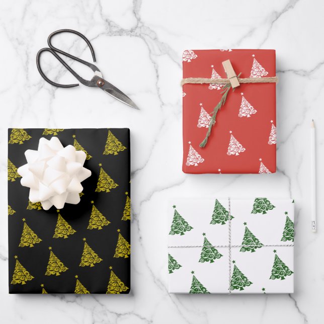 Modernes Weihnachtsbaum Muster Weihnachtsgeschenk Geschenkpapier Set (Vorderseite)